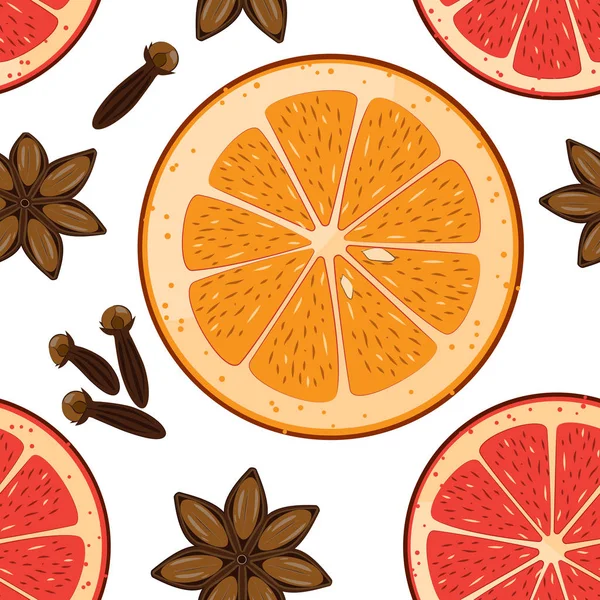 Motif sans couture avec étoile d'anis, tranches d'orange et de pamplemousse et clou de girofle. Fond de carrelage vectoriel de Noël. Texture du papier d'emballage — Image vectorielle