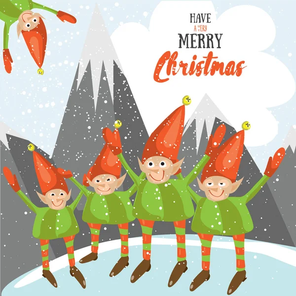 圣诞老人的小助手祝你圣诞快乐。矢量插图贺卡。与小精灵的装饰海报模板。假日的邀请。新年党海报设计. — 图库矢量图片