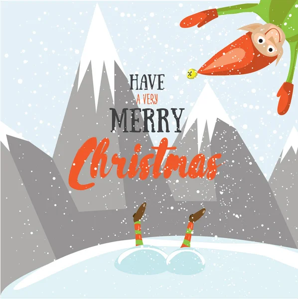 Lilla Santa medhjälpare önskar er en god jul. Vector illustrerade gratulationskort. Dekorativa affisch mall med lite elfs. Holiday inbjudan. Nya år part affisch design. — Stock vektor