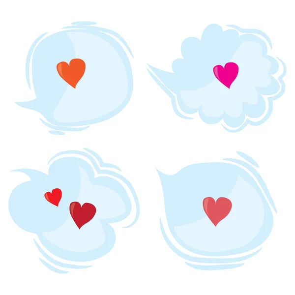 Uppsättning av tala och tänka moln med röda hjärtan. Cartoon kärlek dialogrutan bubblor. Flat vektor-alla hjärtans dag designelement, isolerad på vit bakgrund. — Stock vektor