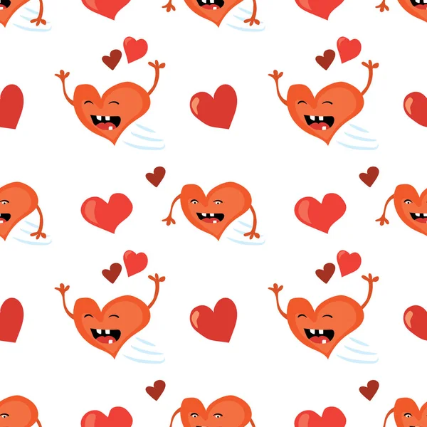 Naadloze Valentijnsdag achtergrond met grappige rood hart karakter. Het patroon van de vakantie van het betegelde vector. Liefde ontwerp voor een papieren verpakking. — Stockvector