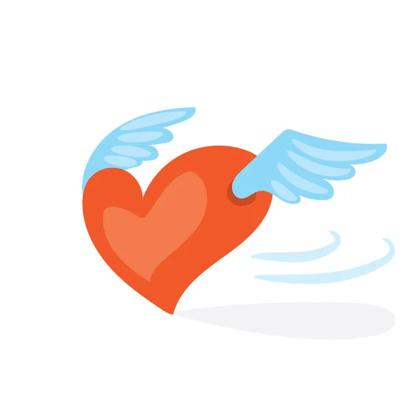 Dibujos animados día de San Valentín ilustración romántica. Corazón rojo volador con alas. Diseño vectorial plano de vacaciones, sobre fondo blanco . — Vector de stock