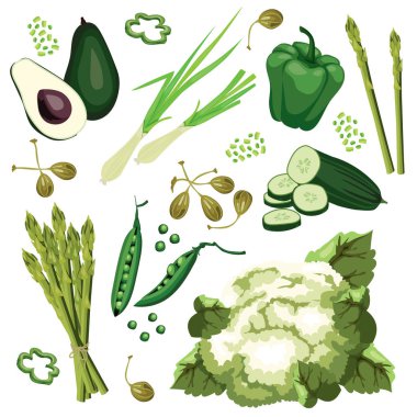 Olgun yeşil sebzeler kümesi. Avokado, salatalık, yeşil soğan, sw