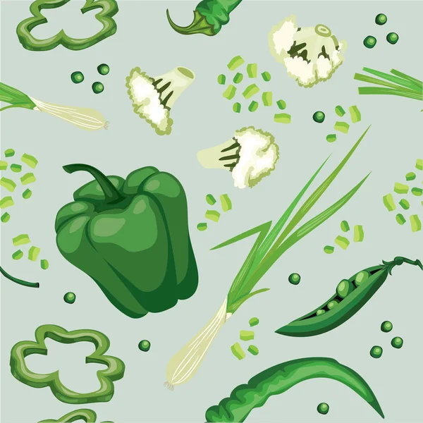 Fondo vegetal verde sin costuras con pimiento dulce, guisantes, picante — Archivo Imágenes Vectoriales