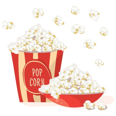 Kırmızı bir kabın içinde Mısır pop. Pop Corn bir kırmızı ile paketi çıkardı. Düz vektör çizim, beyaz arka plan üzerinde izole 