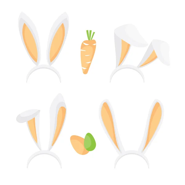 Orejas de conejo. Ilustración vectorial plana. Equipo tradicional de Pascua. Fluffy lindo conejito orejas, huevos de colores y zanahoria aislado sobre fondo blanco — Vector de stock