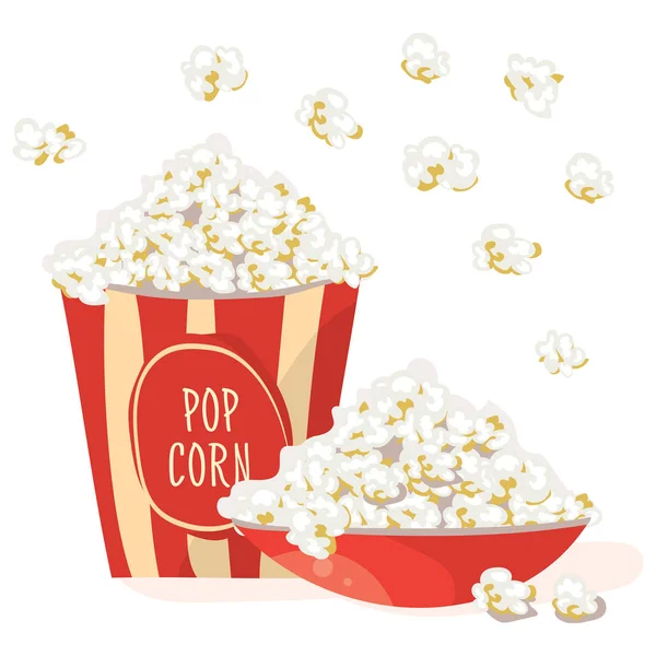 Pop Corn in a red bowl. with Pop Corn in a red stripped pack.  Flat vector illustration, isolated on white background — Stock Vector