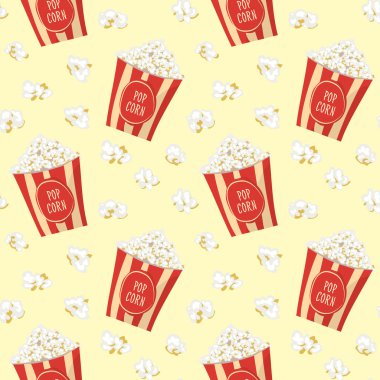 Bir kırmızı Pop Corn paketi seamless modeli çıkardı. Düz vektör yiyecek döşeme arka planı. Kağıt doku sarma patlamış mısır.