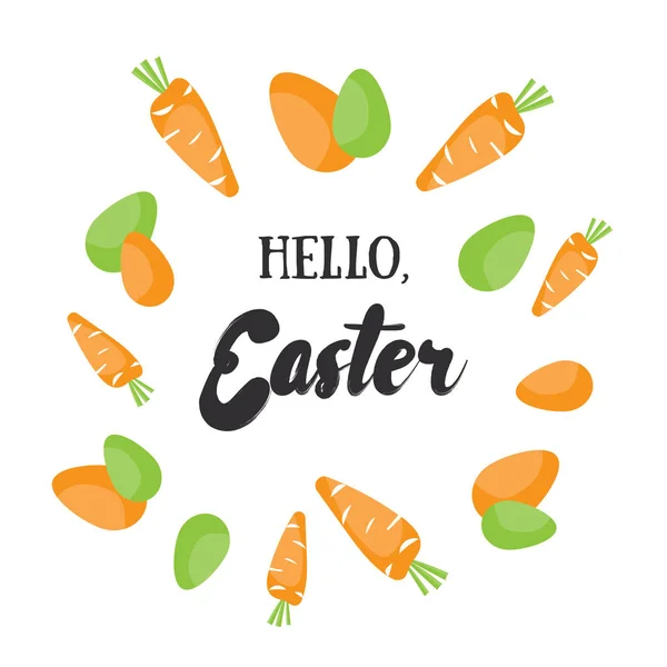 Olá, Easter. Férias cartão de saudação com elementos de caligrafia. Letras de Páscoa com cenoura de desenhos animados e ovos coloridos . — Vetor de Stock