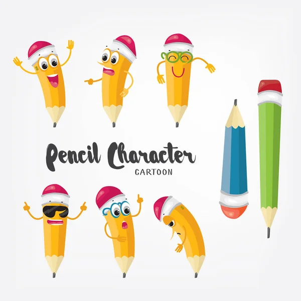 Karakter pensil kartun terisolasi pada warna putih. Emoji pensil vektor bergambar desain . - Stok Vektor