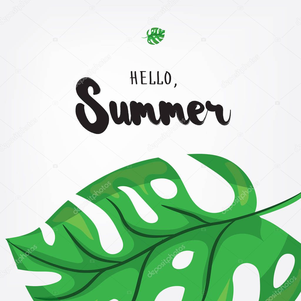 Hello, Summer. Holiday greeting card with monstera tropical leaves and calligraphy elements. Handwritten modern lettering with cartoons background.