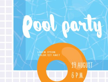 Havuz partisi poster tasarım şablonu. Yüzme Havuzu ve modern yazı elemanları düz vektör çizim.
