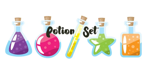 Set van verschillende cartoon potion flessen. Eenvoudige vectorillustratie. Wit geïsoleerd. — Stockvector