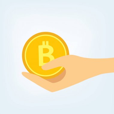 Altın bitcoin tutan bir el ile düz illüstrasyon. B harfi sembolü ile BTC sikke. Cryptocurrency para basit vektör tasarımı.