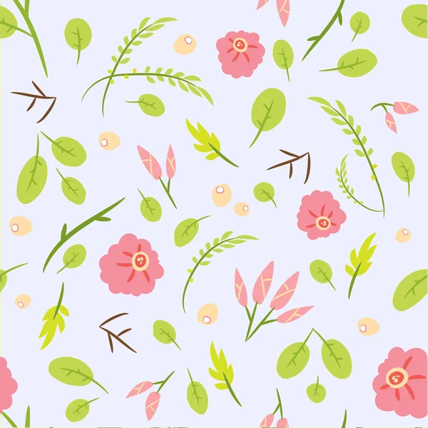 Seamless mönster med blad och rosa rosor. Botaniska blommig bakgrund. Flat vektorillustration. — Stock vektor