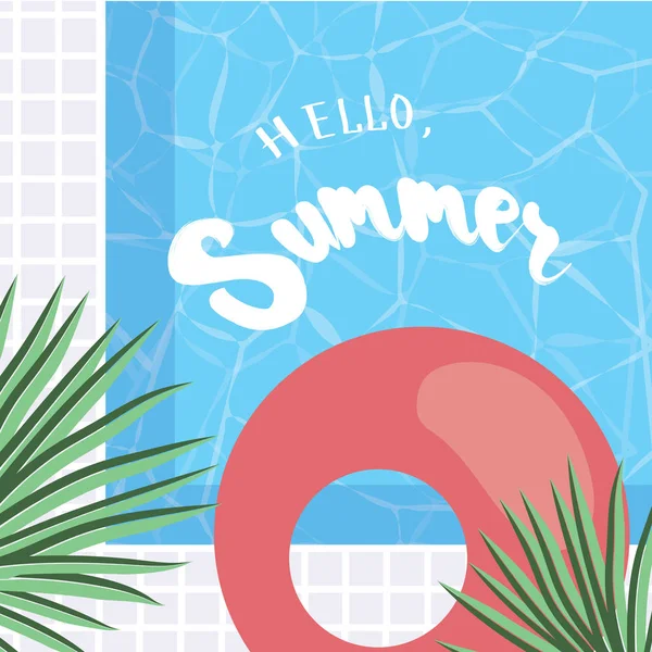 Hallo, zomer. Wenskaart met tropische palm bladeren, zwembad en kalligrafie elementen. Handgeschreven moderne belettering met cartoons achtergrond. Vector — Stockvector