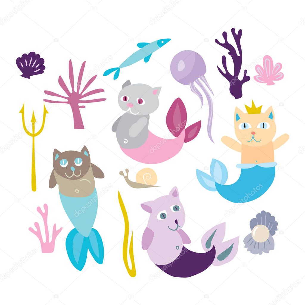 Little mermaid kitten collection. Kitty cat with sirenes fish tale. Flat vector sea set with mermaids fish jellyfish shell coral on white background