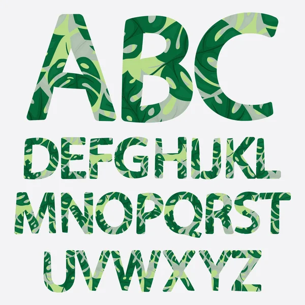 Alfabeto tropical hecho de hojas de palma monstera. Paraíso verde dibujado a mano abc. Letras naturales de verano. Diseño ilustrado vectorial — Vector de stock