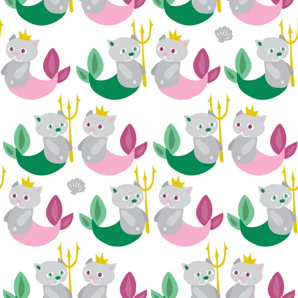 Fondo sin costuras con sirenas de gato. Gatitos divertidos con colas de pescado. Fondo de niño azulejo. Textura de papaer que envuelve. Ilustración vectorial plana . — Vector de stock