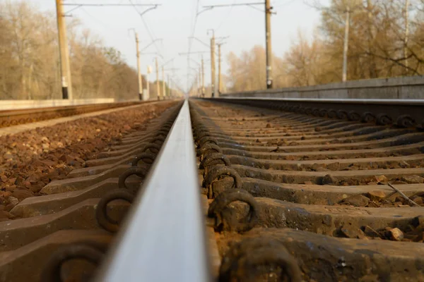 Trilha Ferroviária Com Travessas Vai Para Distância Nos Pólos Laterais — Fotografia de Stock