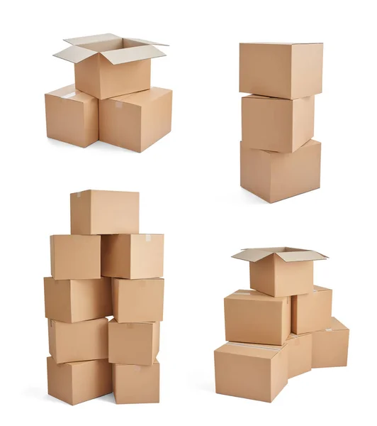 Colección Varias Cajas Cartón Sobre Fondo Blanco — Foto de Stock