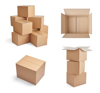 Beyaz arkaplanda çeşitli karton kutuların koleksiyonu