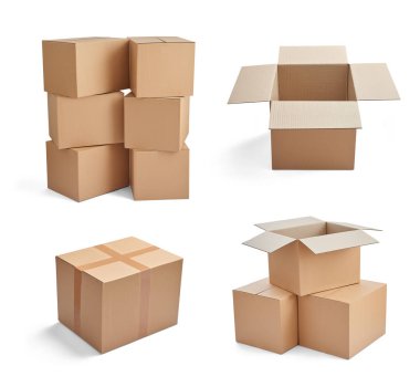 beyaz zemin üzerine karton kutu çeşitli yığınlar topluluğu