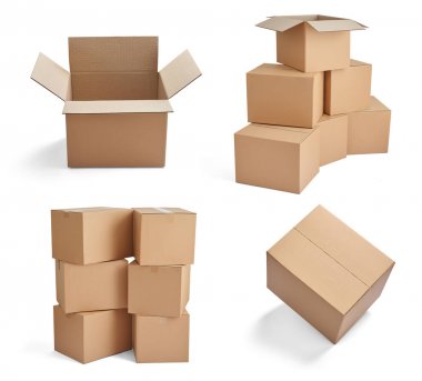 beyaz zemin üzerine karton kutu çeşitli yığınlar topluluğu