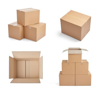 beyaz zemin üzerine karton kutu çeşitli yığınlar topluluğu