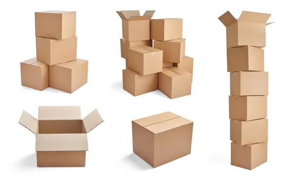 Collection Various Stacks Cardboard Boxes White Background — Stock Photo, Image