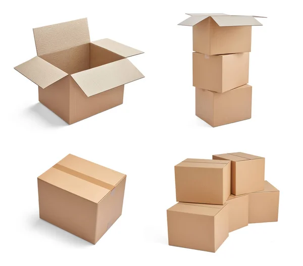 Collection Various Stacks Cardboard Boxes White Background — Stock Photo, Image