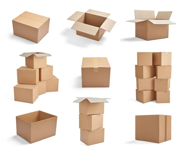 Collection Various Cardboard Boxes White Background — Stock Photo, Image