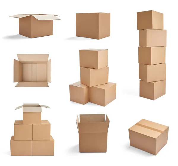 Colección Varias Cajas Cartón Sobre Fondo Blanco — Foto de Stock