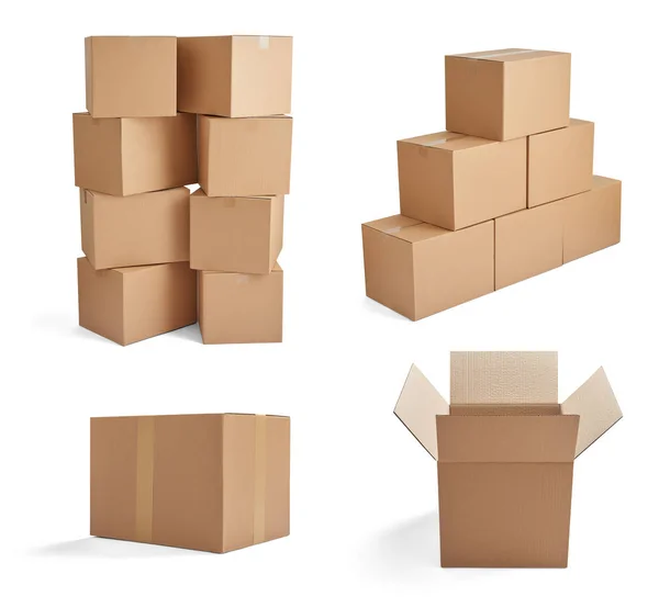 Collection Various Stacks Cardboard Boxes White Background — Stock Photo, Image