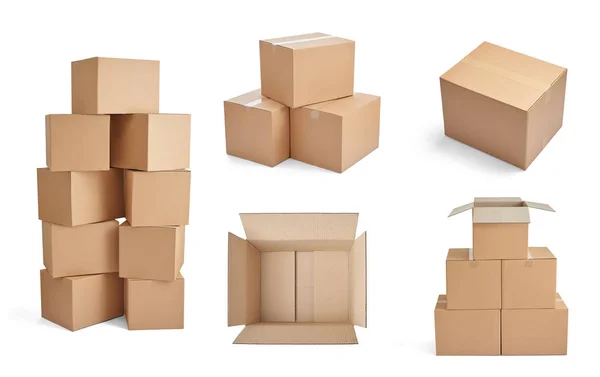 Collection Various Cardboard Boxes White Background — Stock Photo, Image