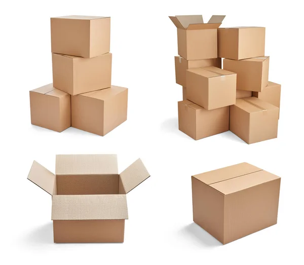 Collection Various Stacks Cardboard Boxes White Background — Stock Photo, Image