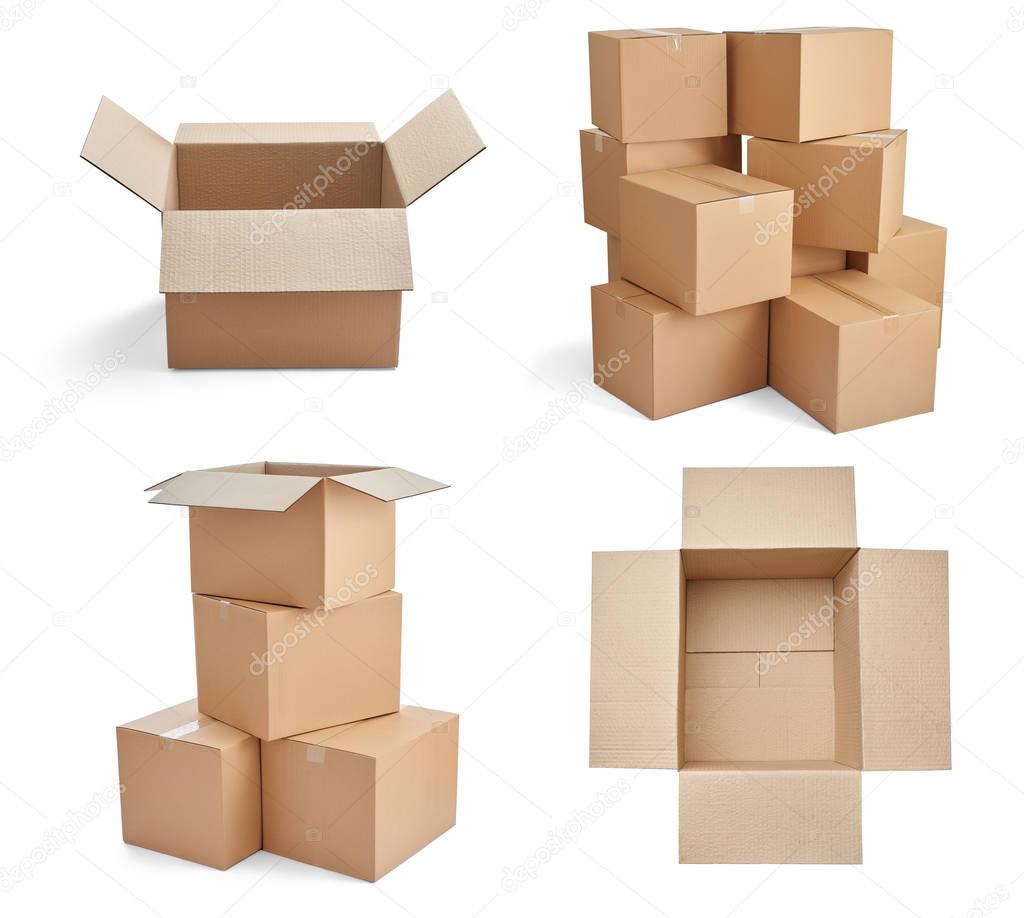 collection of  various stacks of cardboard boxes on white background