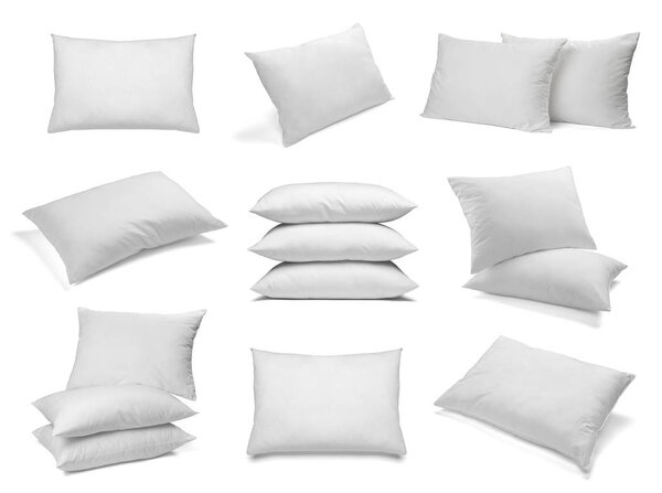 collection of various white pillows on white background. each one is shot separately