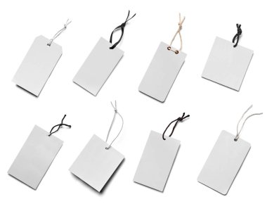 Beyaz arkaplandaki çeşitli fiyat etiketleri koleksiyonu. Her biri ayrı ayrı çekiliyor.