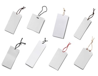 Beyaz arkaplandaki çeşitli fiyat etiketleri koleksiyonu. Her biri ayrı ayrı çekiliyor.