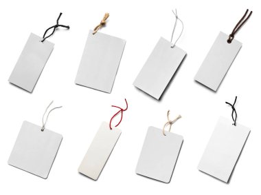 Beyaz arkaplandaki çeşitli fiyat etiketleri koleksiyonu. Her biri ayrı ayrı çekiliyor.