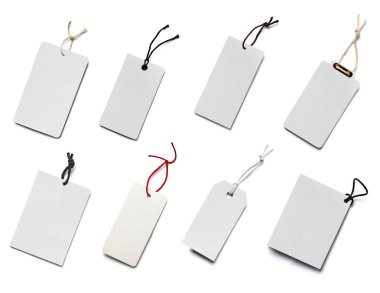 Beyaz arkaplandaki çeşitli fiyat etiketleri koleksiyonu. Her biri ayrı ayrı çekiliyor.