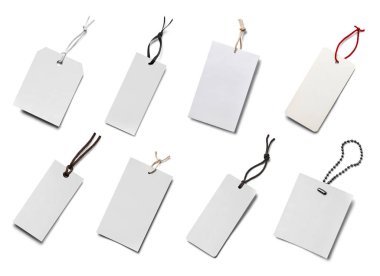 Beyaz arkaplandaki çeşitli fiyat etiketleri koleksiyonu. Her biri ayrı ayrı çekiliyor.