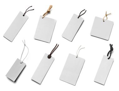 Beyaz arkaplandaki çeşitli fiyat etiketleri koleksiyonu. Her biri ayrı ayrı çekiliyor.