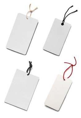 Beyaz arkaplandaki çeşitli fiyat etiketleri koleksiyonu. Her biri ayrı ayrı çekiliyor.