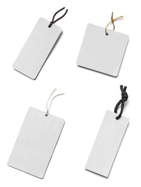 Beyaz arkaplandaki çeşitli fiyat etiketleri koleksiyonu. Her biri ayrı ayrı çekiliyor.