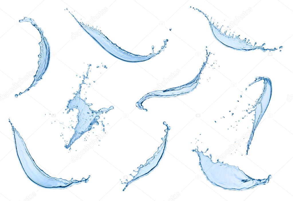 collection of  various water splashes on white background. each one is shot separately