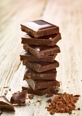 Tahta arka planda çikolata parçalarını kapat