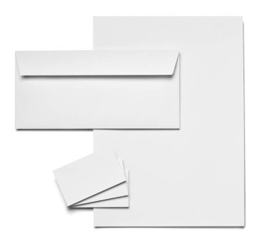 Beyaz arkaplanda zarf, kağıt ve kartvizit şablonu