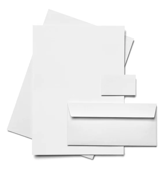白色背景的信封 纸张和名片模板 — 图库照片